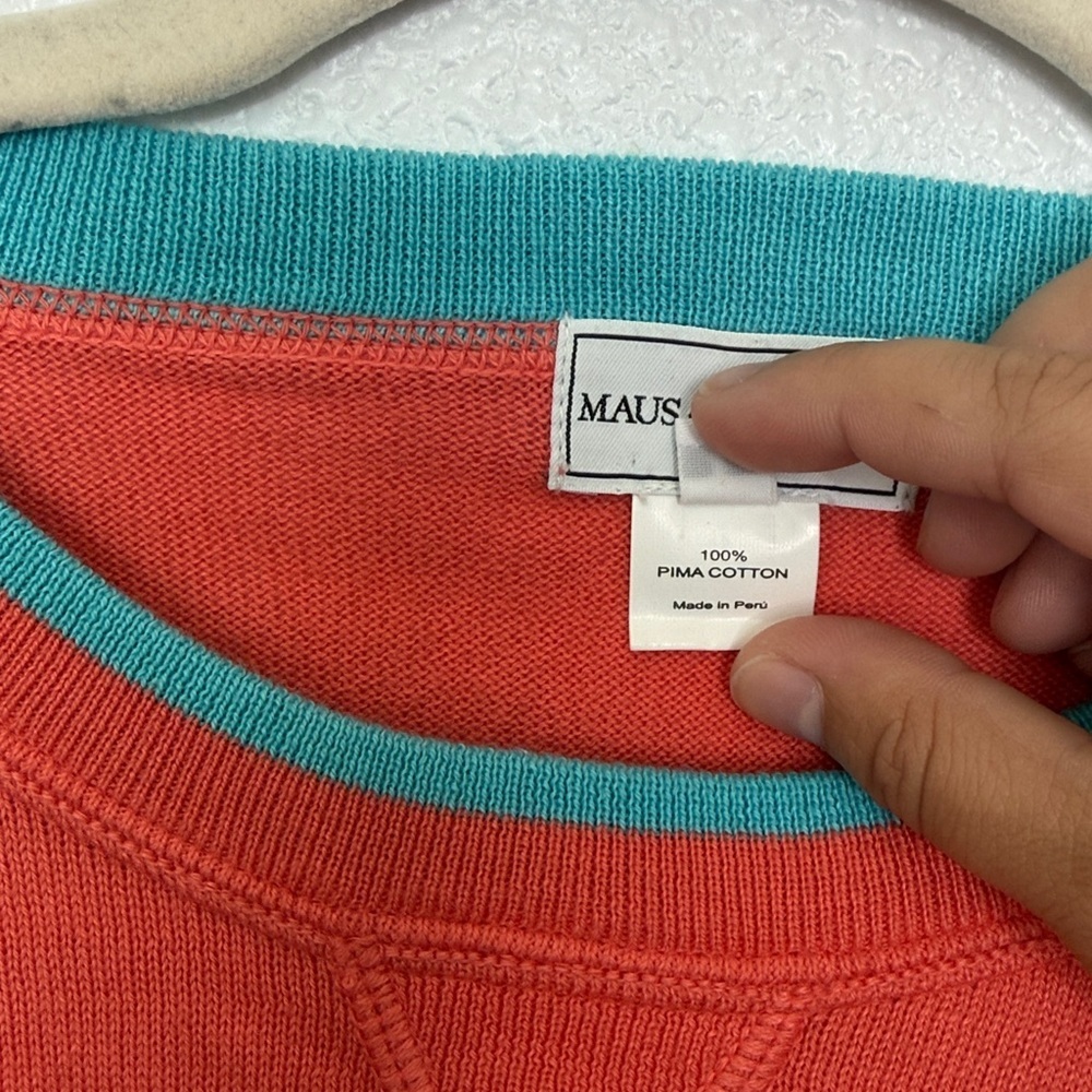 Maus & Hoffman Men's Harvey Pima Cotton Crewneck Orange Blue Large - Picture 4 of 5